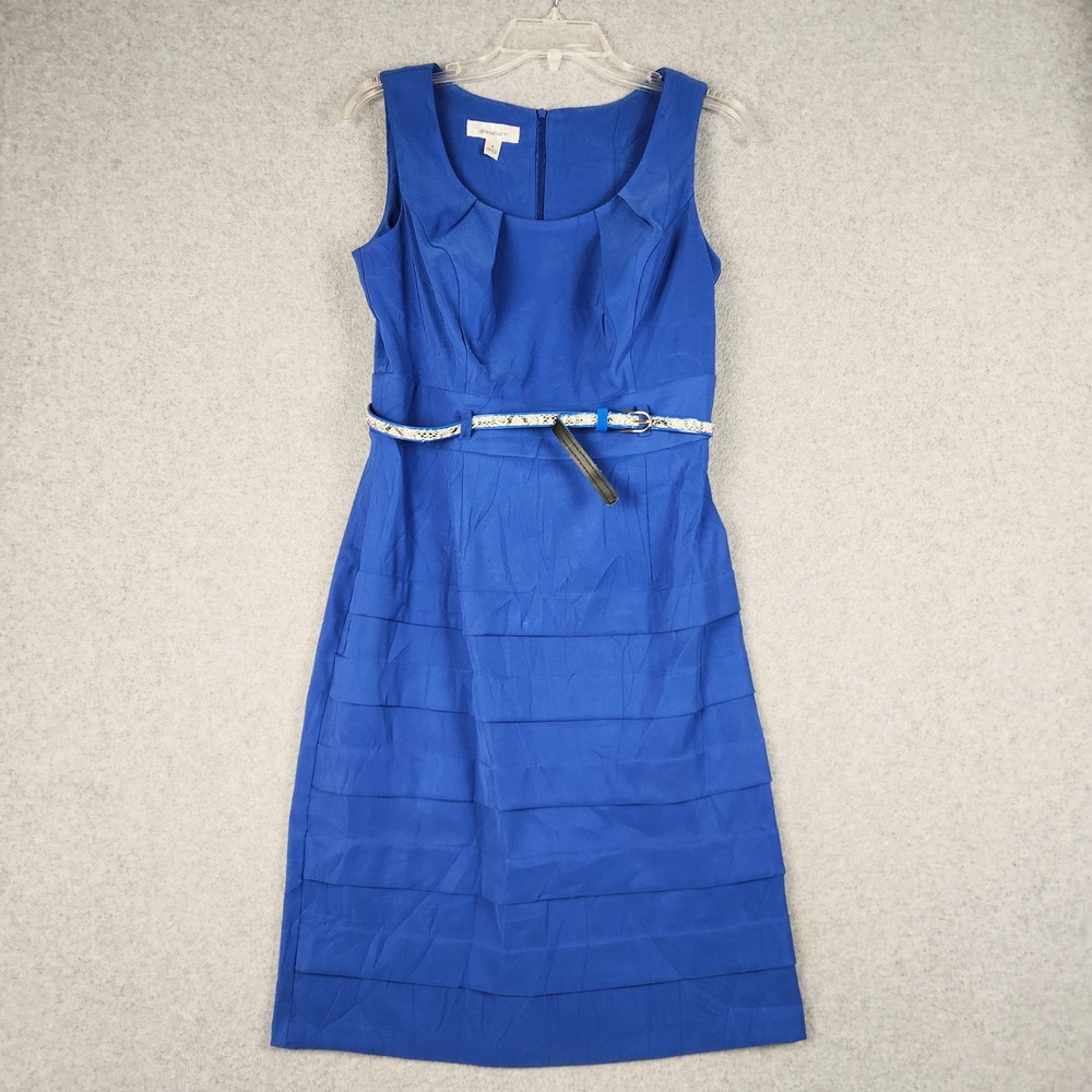 Dressbarn Sheath Dress Women 8 Royal Blue Tiered Stretch Sleeveless Belted Waist